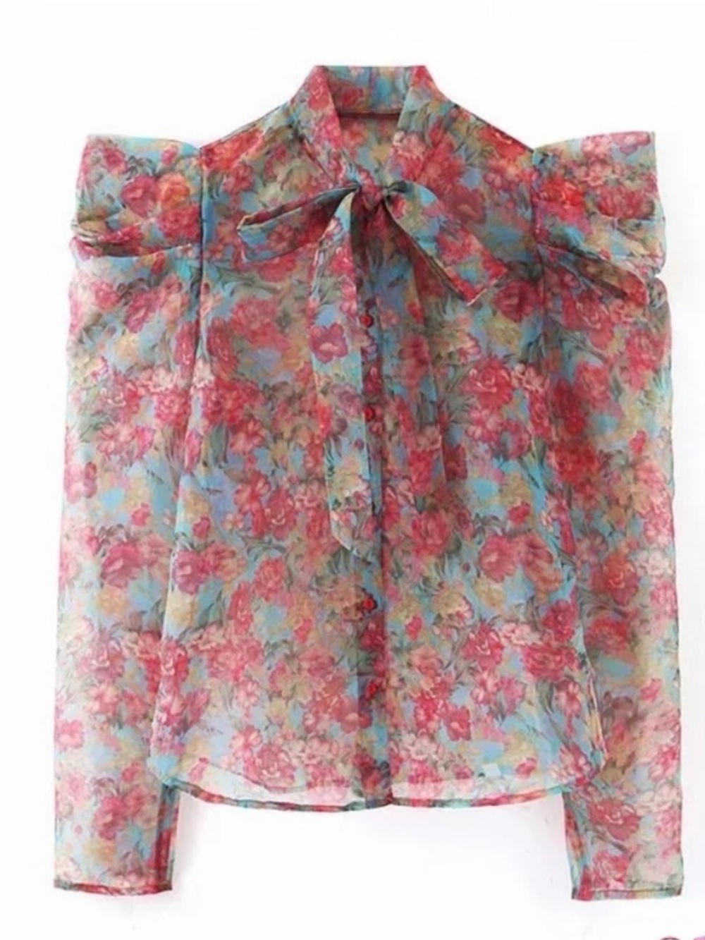 Zara Sheer Puff Sleeve Pink Floral Organza Tie Front Top Size M